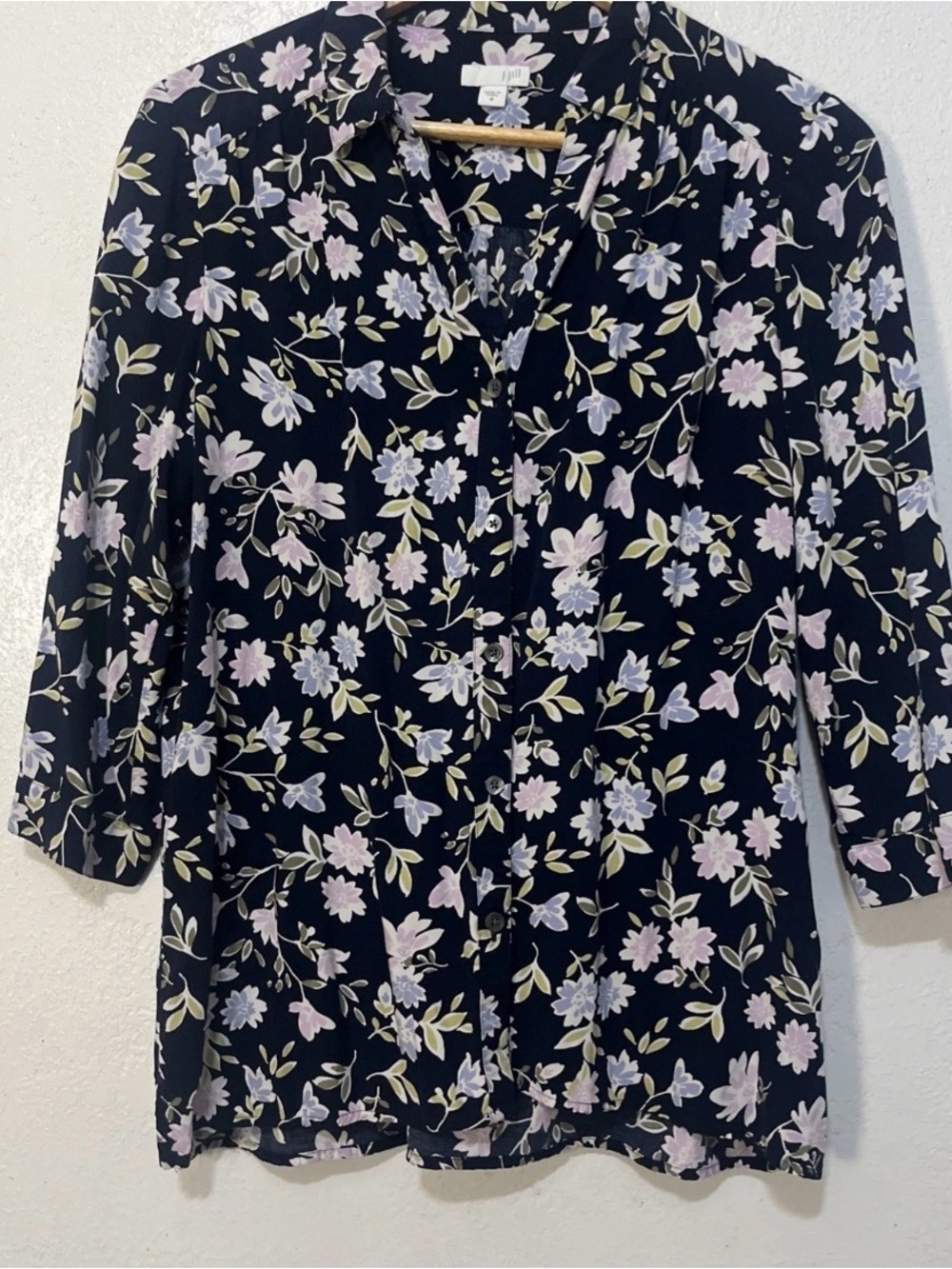 J. Jill Navy relaxed Button-Down Shirt with Pink & Cream Floral Print SzM